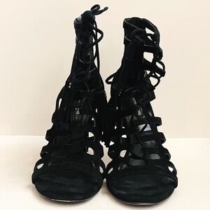 Michael Kors Collection 37.5 Black Suede Caged Back Ankle Zip Stiletto Sandal